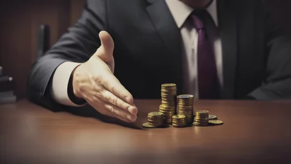  Hombre de negocios con traje gris y corbata lila , tras una mesa de escritorio, dando la mano a la cámara y con monedas apiladas sobre un escritorio, plano cerrado. © Jordi E.