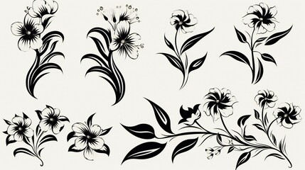 set of black vector illustration of flower - obrazy, fototapety, plakaty