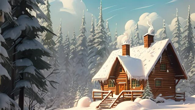 Winter landscape with a wooden house in the forest. Vector illustration, AI Generated