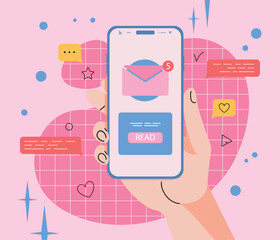 Vector illustration of a hand holding a mobile phone with an unread message icon in vibrant vaporwave 90s style colors.