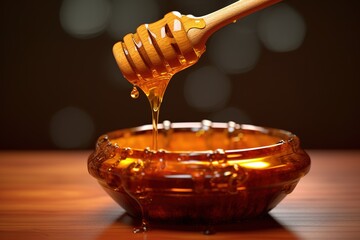 Honey jar with dipper and flowing honey - obrazy, fototapety, plakaty