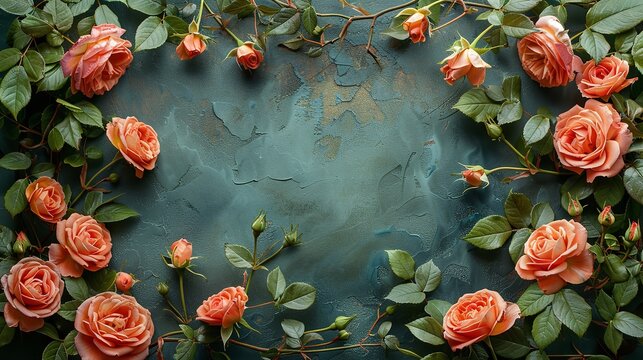 Vintage photograph of blank picture A floral frame of English roses encircles the frame. Generative Ai