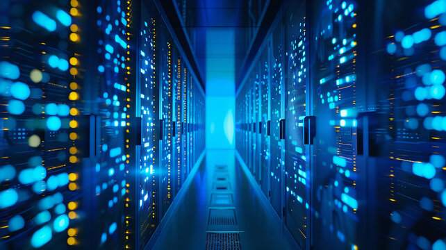 Shot of Corridor in Working Data Center Full of Rack Servers and Supercomputers with High Internet Visualisation Projection