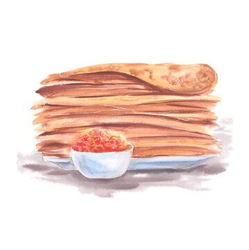 Crepes with caviar, sketch, illustration drawn in watercolors on paper