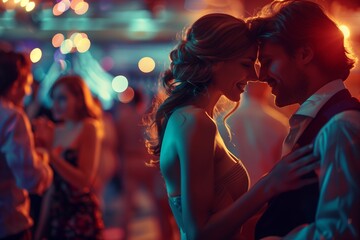 Romantic, lovely affectionate couple embracing and dancing a slow dance at a ball or prom, with other couples dancing in the background. - obrazy, fototapety, plakaty