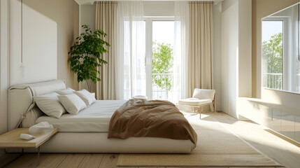 Fototapeta premium Airy bedroom with natural textures and soft earth tones, blending comfort with modern aesthetics for a tranquil space. Minimalism bright bedroom interior