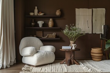 Interior design dark brown walls with a white rug and light wood shelf in an elegant living room