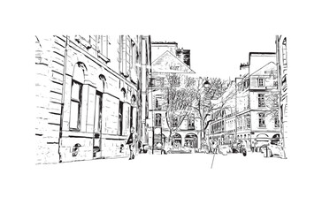 Print Building view with landmark of Rennes is the
City in France. Hand drawn sketch illustration in vector.