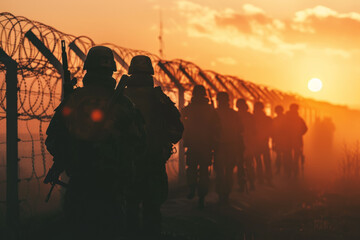 A group of soldiers are walking through a field with a sunset in the background