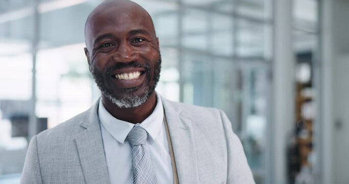 Happy, business and face of black man in office with confidence, pride and smile in law firm. Corporate lawyer, professional and portrait of person for consulting agency, legal advisor and career