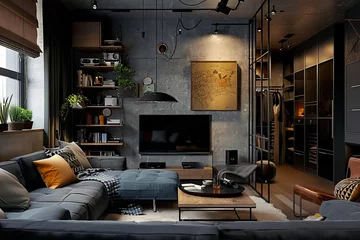 Foto op Canvas Urban loft with an industrial chic aesthetic, presenting modular sofa, exposed concrete walls, contrasting mix of wood and metal elements. open-plan design features smartly arranged living space  © Truprint