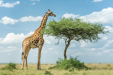 Fototapeta premium A giraffe is standing in front of a tree in a grassy field