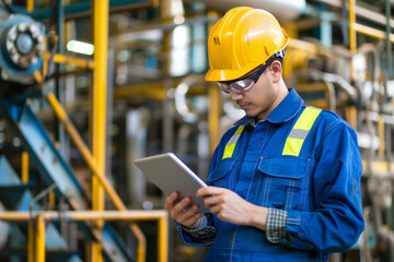 Factory worker in safety helmet and blue overalls using a tablet - Digitalisation of industry