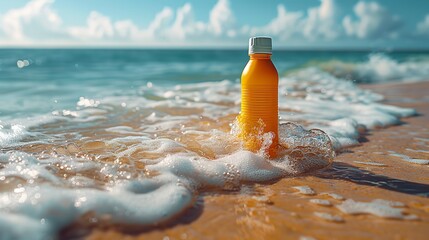 A plain-colored bottle of sunscreen on a beach backdrop. Generative Ai