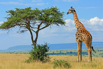 A giraffe stands in front of a tree in a grassy field
