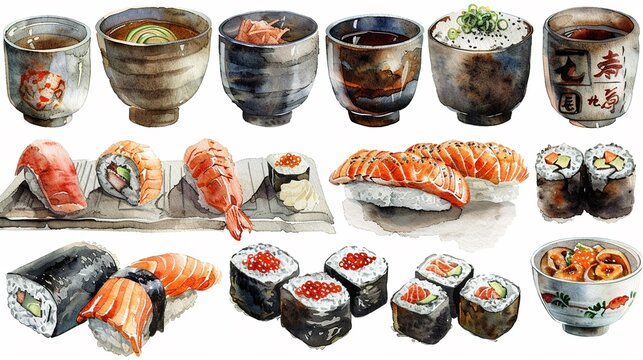 Collection of handpainted Japanese culinary elements, sushi, bento, and sake, watercolor illustrations , high resolution DSLR, 8K, high detailed, super detailed , ultra HD, 8K resolution , up32K HD