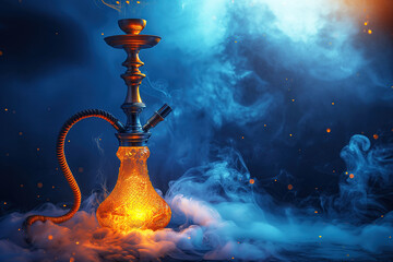 hookah on background of shisha smoke with neon light - obrazy, fototapety, plakaty