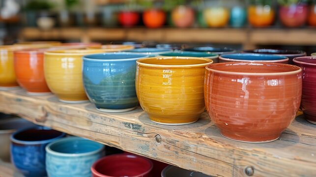 A shelf holding a row of vibrant bowls and a row of bright ceramics. Generative Ai