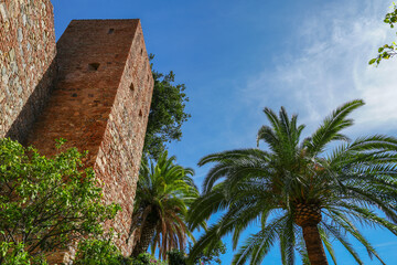 Fortress tower and palm trees of the Alcazaba in Malaga