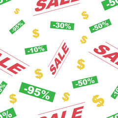 Sale! Seamless pattern. Black Friday offer. With words, discounts and a dollar. Colored