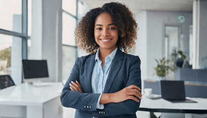 Young woman smiling, business professional ceo corporate leader, African American woman. Coworking - obrazy, fototapety, plakaty