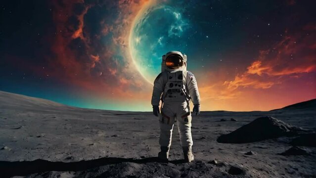 astronaut standing on the moon looking at the beautiful and colorful sky