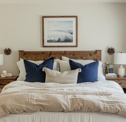 A picture frame hanging above the bed in an open concept bedroom, featuring navy blue and light tan pillows on top of white linen bedding with wooden headboard