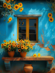 Rural blue house with yellows flowers - 770890935