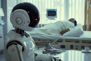 Android robot in white doctor's coat is depicted in a hospital setting, representing the concept of artificial intelligence AI in medicine and robotic healthcare.