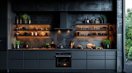 A stovetop oven in a black kitchen. Generative Ai - obrazy, fototapety, plakaty