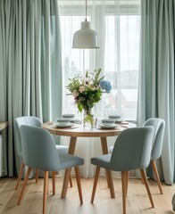 A round table with four chairs in a simple and atmospheric style, light gray green curtains on the window