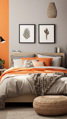 Modern bedroom interior design with orange accents gray walls and wooden furniture 3d render