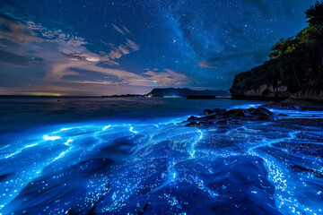A beautiful blue ocean with a starry sky above it