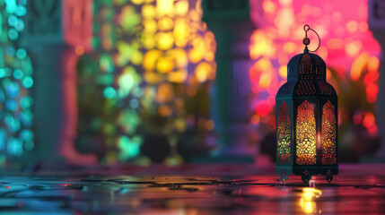 colorful eid el feter lantern light reflections - obrazy, fototapety, plakaty