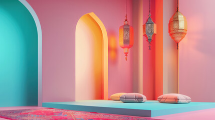eid el feter decoration, colorful modern arabic interior with hanging lanterns - obrazy, fototapety, plakaty