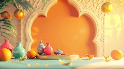 colorful moroccan eid el feter decor with fruits and pottery - obrazy, fototapety, plakaty