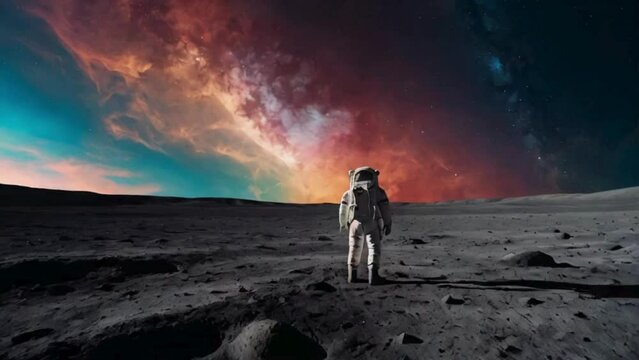 astronaut standing on the moon looking at the beautiful and colorful sky