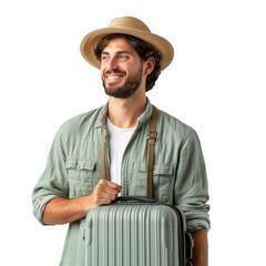 Happy young traveler with a suitcase on a white background
