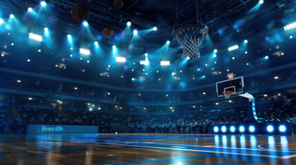 A basketball game in an arena with bright lights and a full crowd watching, dark  and blue lighting