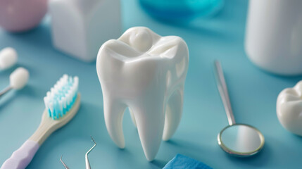 A model tooth dominates the scene surrounded by various dental instruments on a turquoise...