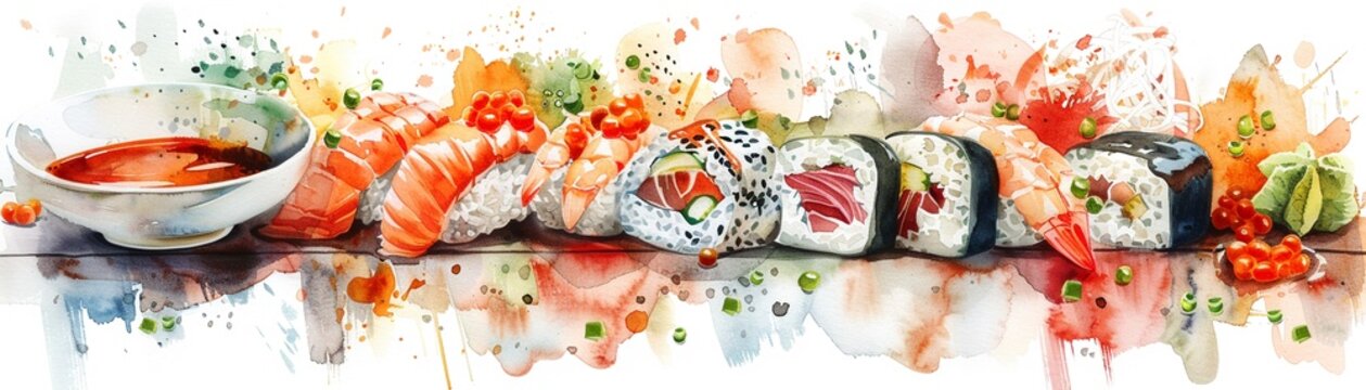 Elegant watercolor illustrations of Japanese dishes, handpainted sushi rolls and miso soup, culinary art , high resolution DSLR, 8K, high detailed, super detailed , ultra HD, 8K resolution , up32K HD
