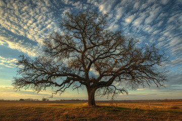 Fototapeta na wymiar A large tree stands in a field with a cloudy sky in the background
