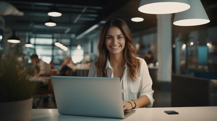 Fototapeta premium Beautiful young woman looking at her laptop screen and smiling.