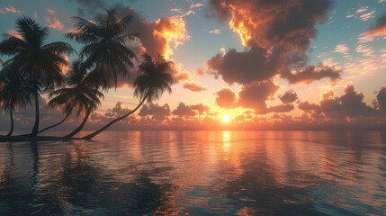 Fototapeta na wymiar tropical beach sunset with palm trees, summer vibes