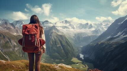 Female hiker with backpack looking out over mountain valley, view from back - obrazy, fototapety, plakaty
