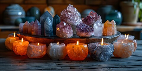 A collection of crystals and gemstones arranged on a table for a sacred meditation space at home. Concept Home Décor, Meditation Space, Crystal Arrangement, Healing Crystals, Spiritual Energy
