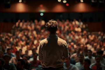 A man stands in front of a crowd of people, giving a speech