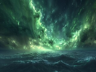 Aurora borealis abstract, night sky, wide lens, ethereal greens and blues for mystical wallpaper , octane render
