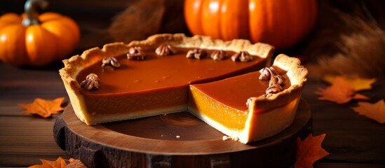 An orange pumpkin pie with a slice missing sits on a wooden table. This baked goods dish is a popular dessert in American cuisine - Powered by Adobe