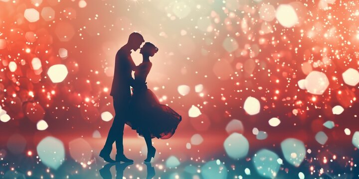Romantic, lovely affectionate couple embracing and dancing a slow dance at a ball or prom, blurred sparkle bokeh background.